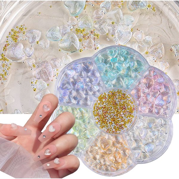 210 Pcs Clear Heart Nail Art Charms, 3D Mixed Size Love Hearts Rhinestones Flat Jelly Resin Crystal Jewelry Diamonds for Acrylic Nail Supplies, with Gold Caviar Beads Manicure Decoration Accessories