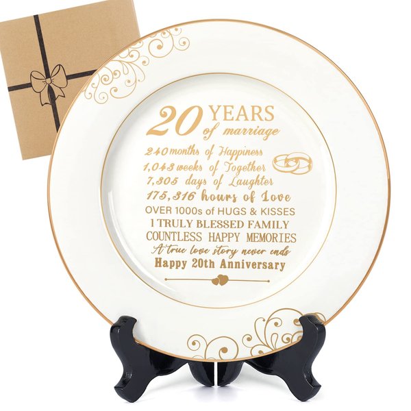 Urllinz 20th Anniversaty Plate with 24k Gold Foil-20th Anniversary Wedding Gifts for Wife,20 Year Anniversary Wedding Gifts Decorations for Couple Him Her Husband,Ceramic Plate with Stand 9"