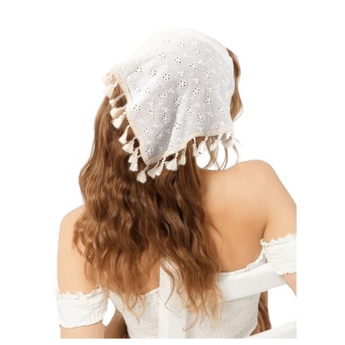 SHENHE Women's Tassel Trim Hair Scarf Headband Eyelet Fringe Triangle Bandana Kerchief White One-Size