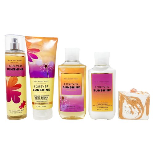 Bath & Body Works Forever Sunshine - Deluxe Gift Set - Fine Fragrance Mist, Body Cream, Body Wash and Body Lotion With a Peach Gardenia Soap.