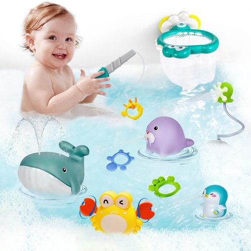 Bath Toys for Kids Ages 1-3, 3 in 1 Fishing Games Swimming Crab Bath Time Floating Water Toys for Toddlers 1-3, Mold-Free Baby Infant Bath Tub Toys & Octopus Water Head with Dinosaur Storage Bag
