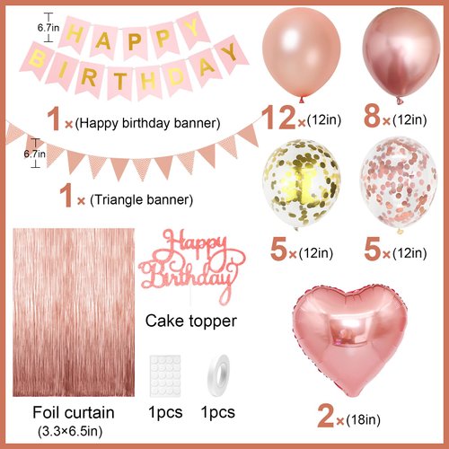 Rose Gold Birthday Decorations for Girls,Happy Birthday Party Decorations for Women,Rose Gold Fringe Curtain,Happy Birthday Banner Confetti Balloons Heart Foil Balloons for Birthday Princess Party