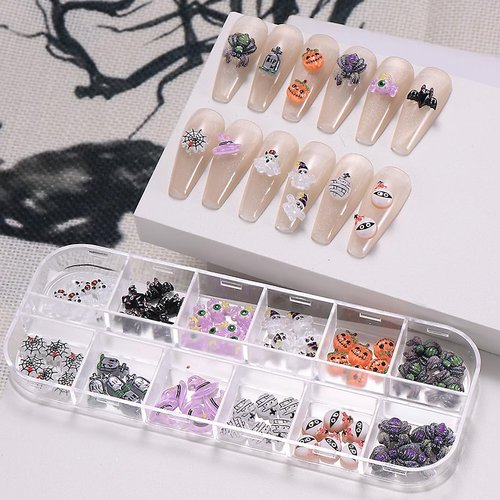 12 Grid Halloween Nail Charms Rhinestones Cute Spider Pumpkin Bat Resin Nail Art Supplies for Acr...