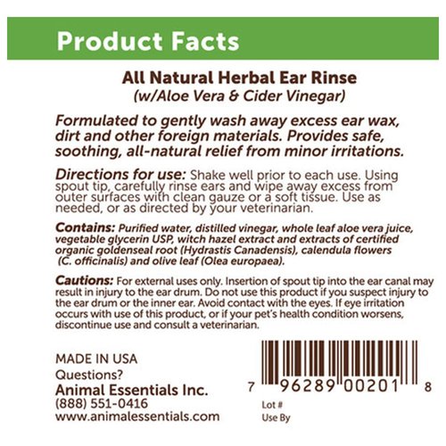 Animal Essentials Herbal Ear Rinse for Dogs & Cats - Ear Cleaner, Cleaning Solution, Ear Wash, Ear Cleanser, Ear Drops, Aloe Vera - 4 Fl Oz