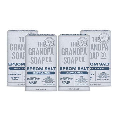 The Grandpa Soap Company Epsom Salt Bar Soap - Deep Cleansing Soap, Made with Epsom Salt and Baking Soda, Removes Dirt Grease and Grime, Vegan, for Face and Body, 4.25 Oz, 4 Pack