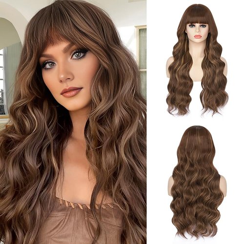 Ninroc Brown Wigs with Bangs, Long Wavy Ombre Brown Mixed Blonde Wig for Women Highlight Wigs with Bangs Heat Resistant Synthetic Wigs for Daily Use 26 Inch