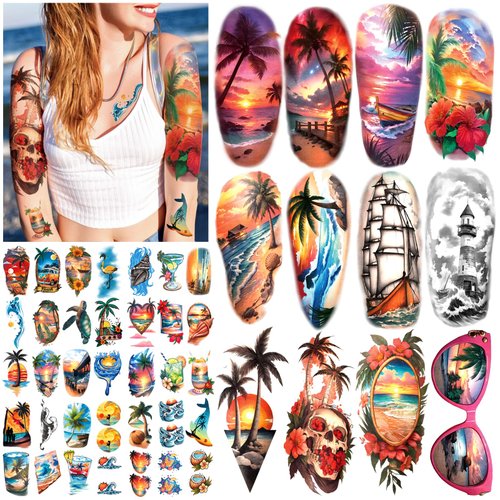 77 Sheets Temporary Tattoo for Women and Men, 17 Sheets Half Arm Beach Flower Skull Sunset Fake T...