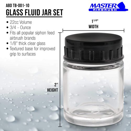 Master Airbrush (Pack of 10 TB-001 Empty 3/4 Ounce (22cc) Glass Jar Bottles with Plastic Lids - Replacement Jars, Paint Storage Bottles - Jars Screw Into Siphon Feed Airbrush Lid Adaptor Assemblies