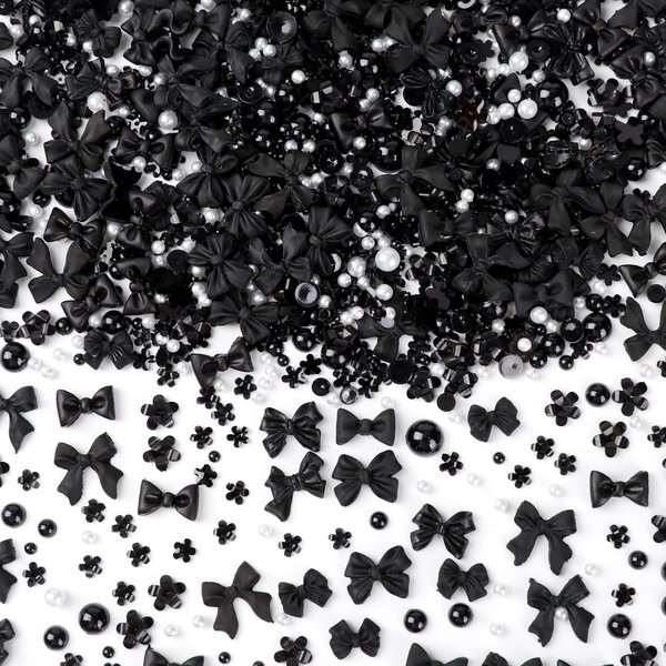 COOSLIM 120 PCS Bow Nail Charm Black 3D Bows Nail Charm Black Bowknot with Gems and Flower Nail Charm for Acrylic Nails Decoration for Nail Art Crafts (Black Bow)