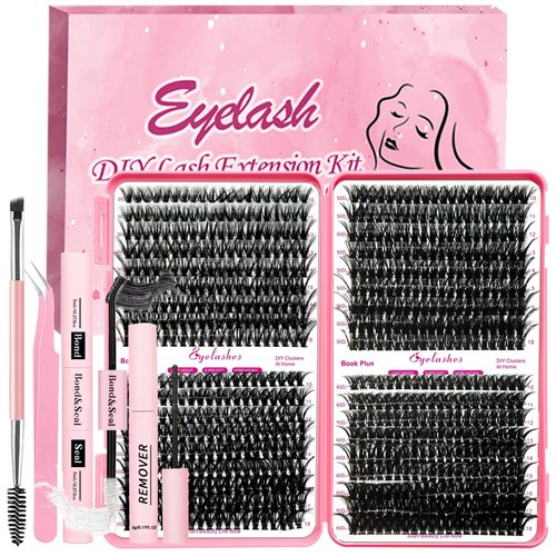 Qiveaory DIY Lash Extension Kit 720pcs Individual Lashes Clusters D Curl Eyelash Extension Kit with Lash Bond and Seal, Eyelash Remover Tweezers Brush(10-18mm,30D+40D+50D+60D) Lash Books DIY at Home
