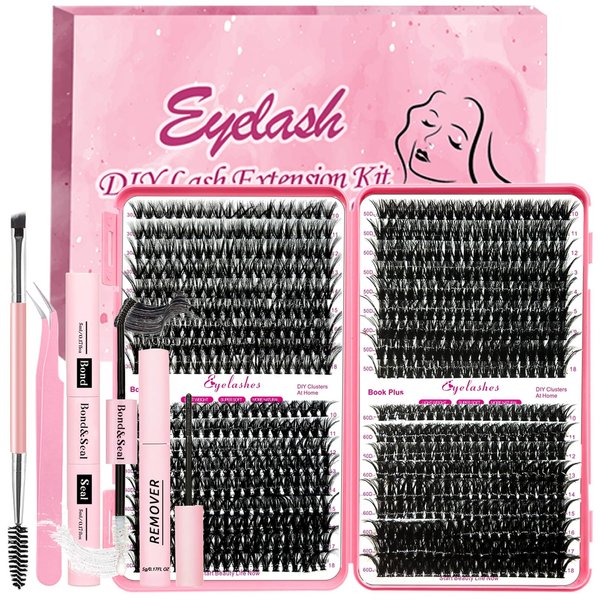 Qiveaory DIY Lash Extension Kit 720pcs Individual Lashes Clusters D Curl Eyelash Extension Kit with Lash Bond and Seal, Eyelash Remover Tweezers Brush(10-18mm,30D+40D+50D+60D) Lash Books DIY at Home