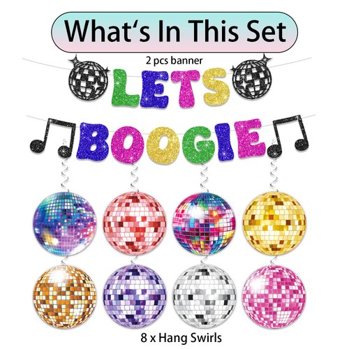 70s Party Decorations Banner and Hanging Swirls, Disco Themed Party Decorations Lets Boogie Party Decorations Back to 60s 70s 80s 90s, Disco Party Decorations of Banner Disco Ball for Ceiling