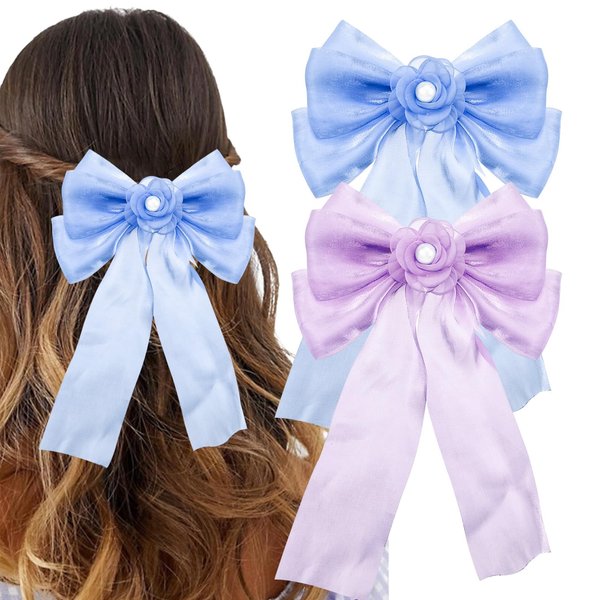 2 PACK Big Bow Hair Clip, Big Bowknot Camellia Hair Barrettes French Hairpin Snap Hair Clasps Cute Tulle French Hair Styling Accessories for Women Girls (Blue + Purple)