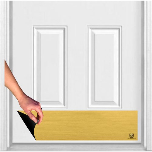 Deck the Door Decor | Magnetic Rubber Door Kick Plate for Steel Doors - UV Printed Faux Satin Metal Finish - Multiple Sizes (8x34", Faux Satin Gold)
