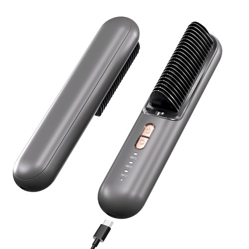 Hair Straightener Brush Cordless Portable Hair Straightening Brush Mini Rechargeable Hot Comb for Women Girls Hair Dryer Straightener for Travel (Gray)