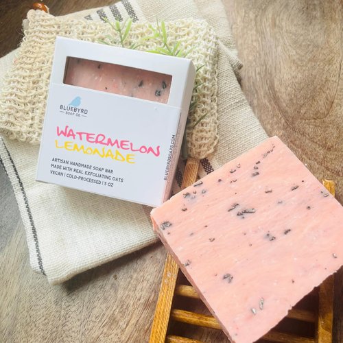 BLUEBYRD Soap Co. Watermelon Lemonade Soap Bar | Handmade Bar Soap for Kids - Natural Ingredients, Kaolin Clay, Oatmeal, Aloe Vera, & Activated Charcoal | Fun Scented Bath Soaps for Teens (Watermelon)