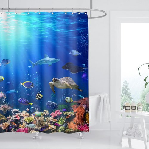 ZXMBF Ocean Underwater World Shower Curtain Colorful Tropical Fishes Turtle Coral in The Deep Sea Home Décor Waterproof Fabric 72Lx72W Inch Blue Plastic Hooks 12PCS