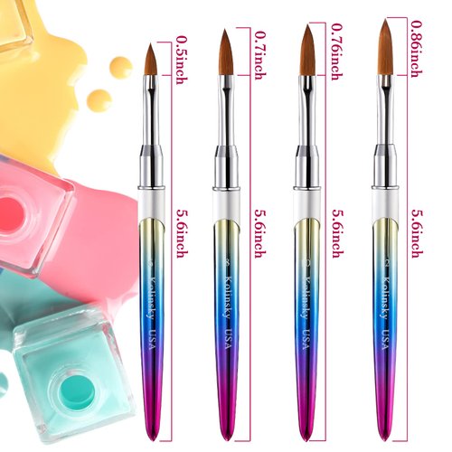4 Pieces Kolinsky Acrylic Nail Brush Kolinsky Hair Bristles Round Shaped Handle Acrylic Brush Nail Brushes for Acrylic Application Nail Art Brush Nail Manicure Tool Size 6, 8, 10, 12