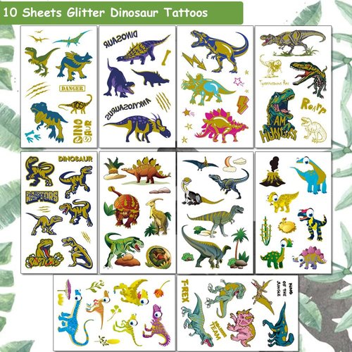 Hohamn Glitter Dinosaur Temporary Tattoos for Boys - 10 Sheets Dinosaur Fake Tattoos for Boys Kids Birthday Party Supplies Favors, Dinosaur Themed Party