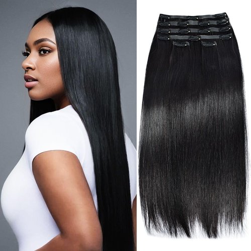 Seamless Clip in Hair Extensions Real Human Hair Clip ins 10A Grade 100% Brazilian Virgin Hair Straight PU Clip in Hair Extensions Human Hair for Women Natural Black 110 Gram 6 Pcs 20 Inch