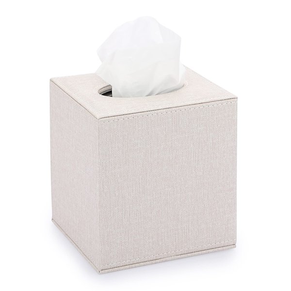 Sumnacon Square Linen Tissue Box Cover - Stylish Cube Tissue Box Holder with Magnetic Bottom, Decorative Tissue Box for Vanity Toilet Tank Dresser Night Stand Table Countertop Office Car, Beige