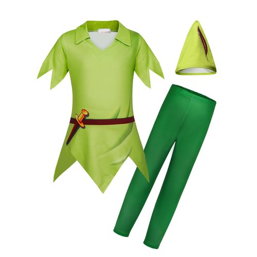 HenzWorld Boys Peter Pan Costume with Hat Little Kids Boys Halloween Cosplay Fancy Dress Up Outfit Set Green Size 5T 6X 5-6Years