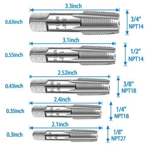 5-Piece NPT Pipe Tap Set, 1/8", 1/4", 3/8", 1/2", 3/4" ¾” NPT Tap Set Carbon Steel Hand Threading Plumbing Tap Set for Accurate Threads, Assorted Plumbers Mechanics DIY Thread cutting tools