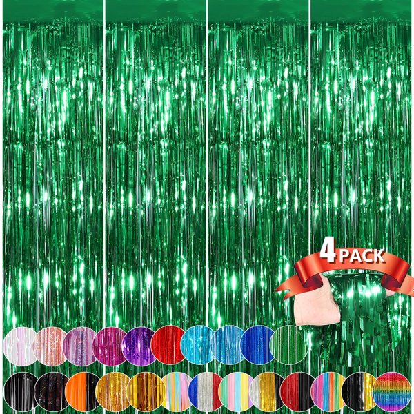 Green Metallic Tinsel Foil Fringe Curtains, 4 Pack 3.3x8.3 Feet Party Streamer for Birthday Party Decorations, Halloween Decor, Foil Curtain for Bachelorette Party