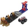 Hot Wheels Monster Trucks Toy Playset with 1:64 Scale Die-Cast 5-Alarm Fire Truck, Fire Through Challenge, Launch Vehicle Over Spinning Flames