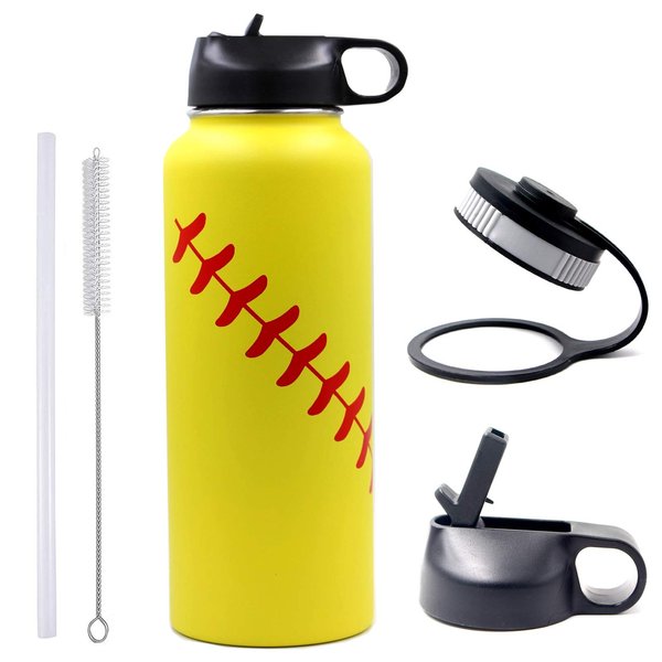 40 oz Softball Water Bottle, Flask Sports with 2 Lids 18/8 Stainless Steel Tumbler Double Wall Vacuum Insulated Hot/Cold Standard Metal Canteen (40oz, Yellow Softball)