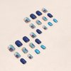 Press on Nails Short Square Fake Nails Acrylic Blue False Nails with Flower Stripe Designs Artificial Glitter Nails Full Cover Glue on Nails Stick on Nails for Women 24Pcs