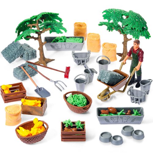54 Pcs Play Farm Feed Food Accessories Toy Set Mini Educational Playset Feed Set, Includes Plastic Hay Bale Straw Heap Vegetable Planting Scene Tools Educational Gift Cake Toppers for Kids Toddlers