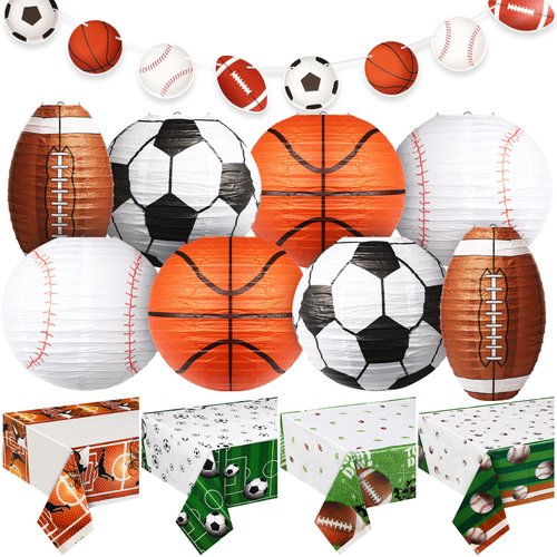 Sports Party Decorations Set Include 8 Pcs Sports Paper Lanterns Hanging Lanterns 4 Pcs Basketball Baseball Tablecloth Football Soccer Ball Table Cover 2 Pcs Sports Theme Banner for Party Favors
