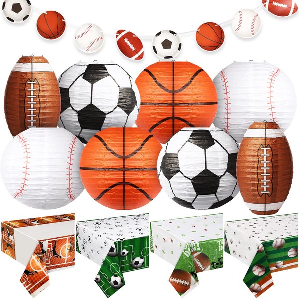 Sports Party Decorations Set Include 8 Pcs Sports Paper Lanterns Hanging Lanterns 4 Pcs Basketball Baseball Tablecloth Football Soccer Ball Table Cover 2 Pcs Sports Theme Banner for Party Favors