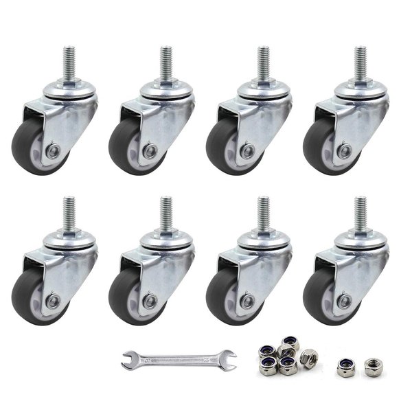 Luomorgo 8 Pcs 1" Caster Wheels Swivel Stem Casters for Small Tiny Shopping Cart Trolley Wheel, No Noise TPE M6 x 15mm Threaded Stem Caster, 141lb/64kg Load Capacity