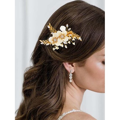 JAKAWIN Flower Wedding Hair Clip Gold Pearl Hair Piece Crystal Bridal Hair Accessories for Women