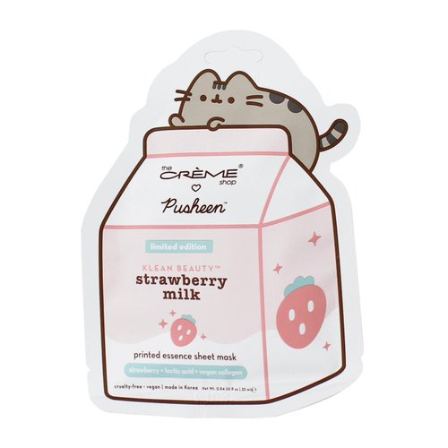 The Crème Shop X PUSHEEN KLEAN BEAUTY Strawberry Milk Printed Essence Sheet Mask | Vitamin C & Vegan Collagen | Brightening & Youthful Skin | Vegan, Cruelty-Free (Set of 3)