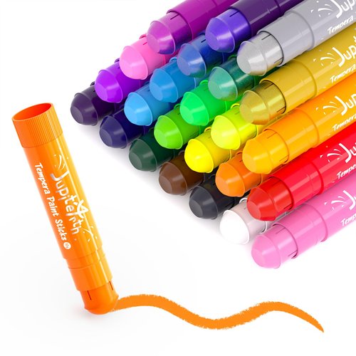 JUPITEARTH 24 Colors Tempera Paint Sticks with 120 PDF Coloring Pages and 30 Stickers, Quick Drying, Smooth, Non-Toxic and Washable Paint Sticks for Kids, Art Supplies for Drawing on Various Objects