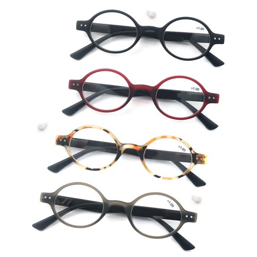 MODFANS 4 Pack Round 1.0 Reading Glasses Women Men,Retro Matte Frame Comfortable Spring Hinge-Lightweightest Readers Suitable Wear well-4 Pouch with Each Area