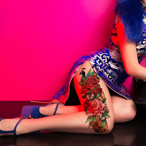 Kotbs 6 Sheets Full Arm Temporary Tattoos, Realistic Waterproof Floral Designs, Snake, Peony, Butterfly - Fake Tattoos Sleeve for Halloween, Cosplay, Party Decorations