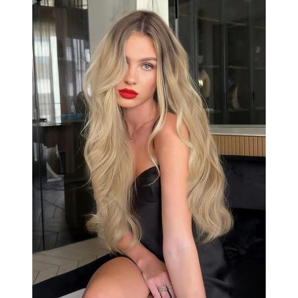 EALGA Dark Brown Ombre Blonde Lace Front Wigs for Women Glueless Synthetic Hair Wavy Wig with Flawless Hairline 24 inches Heat Safe EALGA-001
