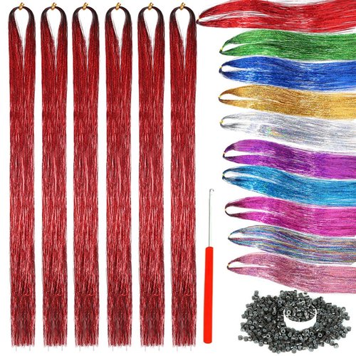 Red Tinsel Hair Extensions with Tools 6 Packs 1380 Strands 44 Inch Hair Extension Tinsel Kit for Women and Girls Sparkling Shiny Colorful Hair Extensions for Christmas and Parties (44 Inch, red)