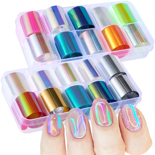 Nuorest 20 Rolls Aurora Nail Foil Stickers, Colorful Glass Paper Holographic Transfer Decals, Wraps, Shiny French Art Supplies for Acrylic Nails, Manicure (2 Boxes), Assorted
