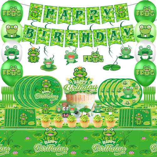 Frog Birthday Party Supplies, Frog Theme Decorations & Tableware Set, Include Banner,Hanging Swirl,Balloons,Cupcake Toppers,Plates,Fork,Napkins,and More,for Frog Theme Kids Birthday Party Gift
