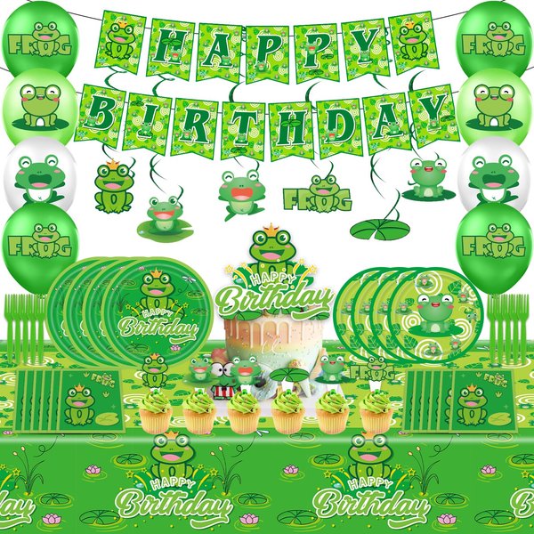 Frog Birthday Party Supplies, Frog Theme Decorations & Tableware Set, Include Banner,Hanging Swirl,Balloons,Cupcake Toppers,Plates,Fork,Napkins,and More,for Frog Theme Kids Birthday Party Gift