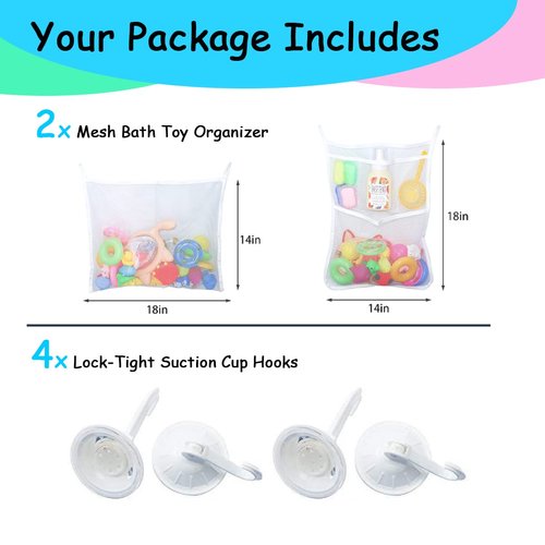 2 PCS Mesh Bathtub Toy Holder Bag, LEEFONE 18 x 14 Inch Bath Toy Organizer, 4 Ultra Strong Hooks, White
