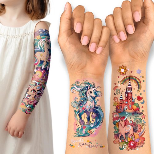 Unicorn Temporary Tattoo for Kids 35pcs Realistic Fake Tattoos, Full Half Arm Sleeve Glitter Tattoo Kit, Waterproof Birthday Party Supplies, Makeup Gifts for Girls Kids (24 Sheets)