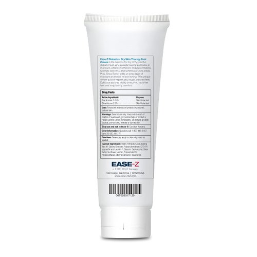 EASE-Z Diabetic Foot Cream. Clinically Proven Ingredients and ZINC Relieve Dry, Cracked, Callused Feet and Hands. Soothes Pain and Burning. Shea Butter moisturizes. Fast-Acting, Long-Lasting. 4.4 oz.