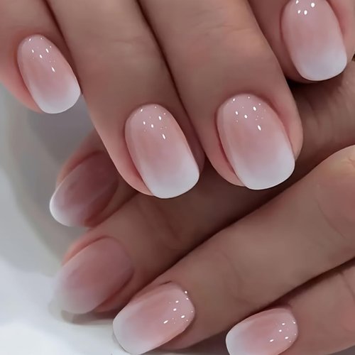 Short Square Press on Nails - Gel Nails Press Ons Short with Nail Glue Light Pink Gradient Fake Nails Acrylic Nails Full Cover Glue on Nails Stick on Nails for Women Girls 24pcs