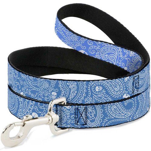 Dog Leash Bandana Skulls Baby Blue White 4 Feet Long 0.5 Inch Wide